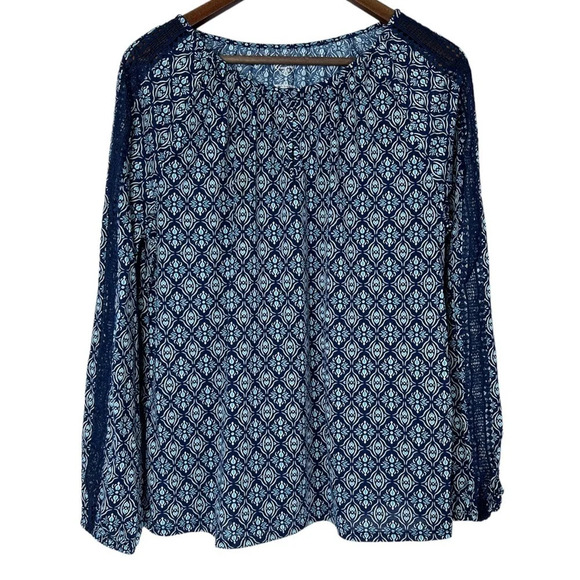 St. John’s Bay Patterned Blouse Blue Crochet Large Keyhole Neckline - Picture 1 of 5
